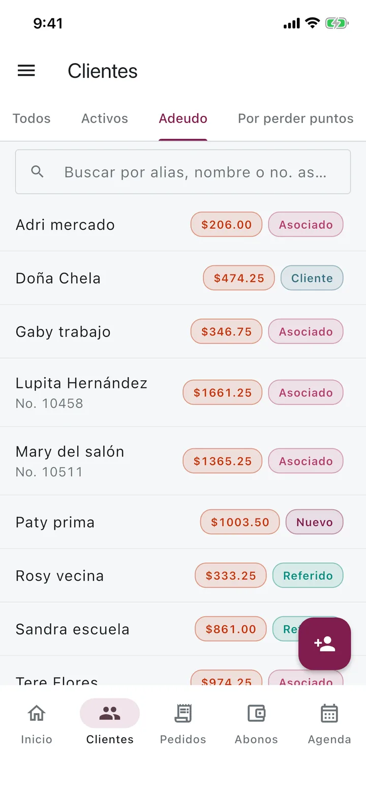 Pestaña Adeudo con los clientes que deben y el monto