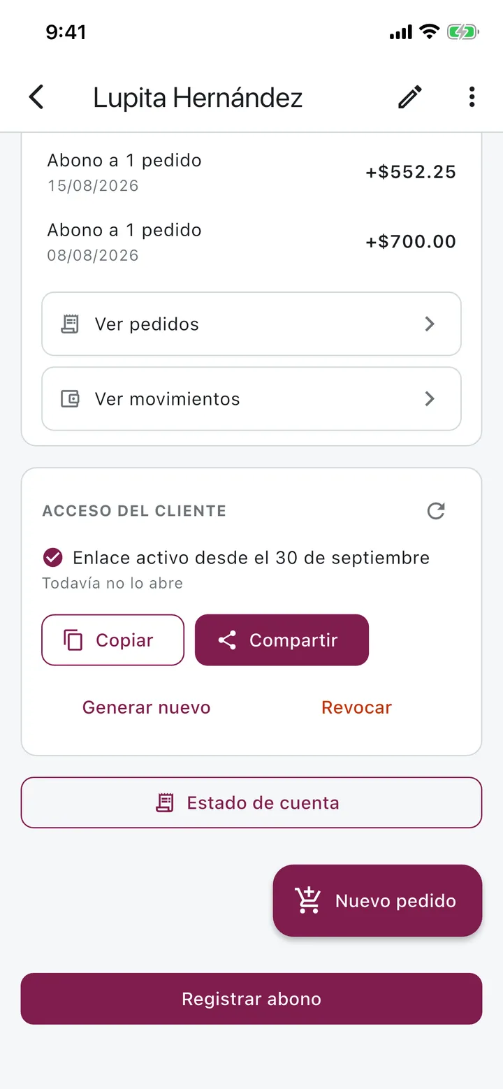 Tarjeta Acceso del cliente con el enlace activo y los botones Copiar y Compartir
