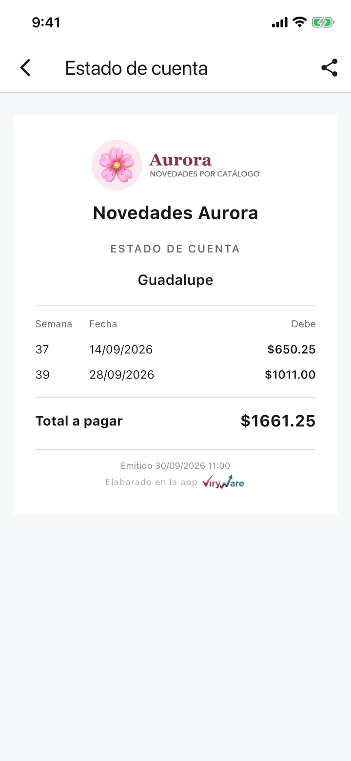 Estado de cuenta en imagen con el logo de Novedades Aurora y el total a pagar