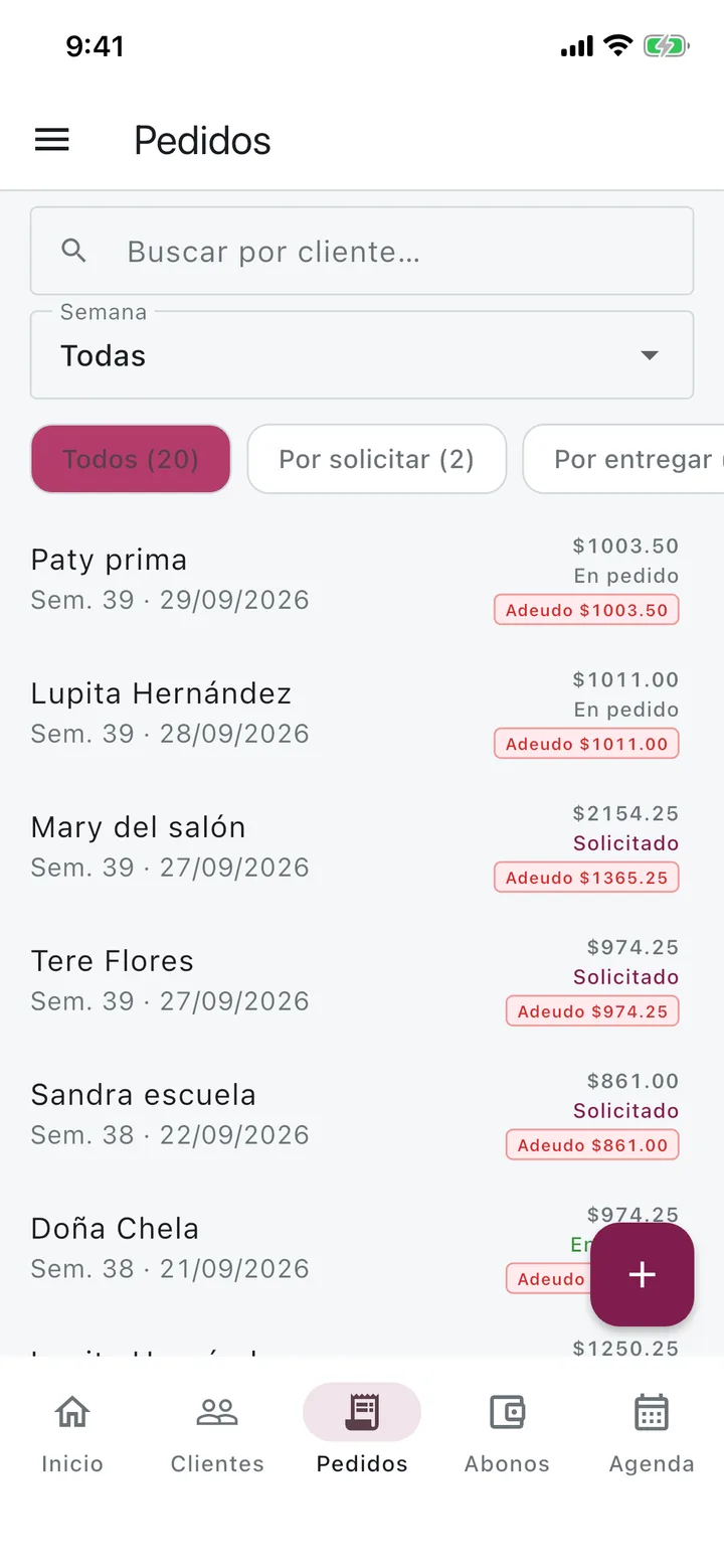 Lista de pedidos con su estado y su adeudo