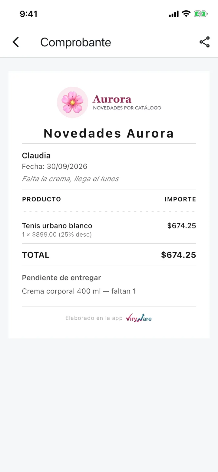 Comprobante de entrega con lo entregado y lo pendiente