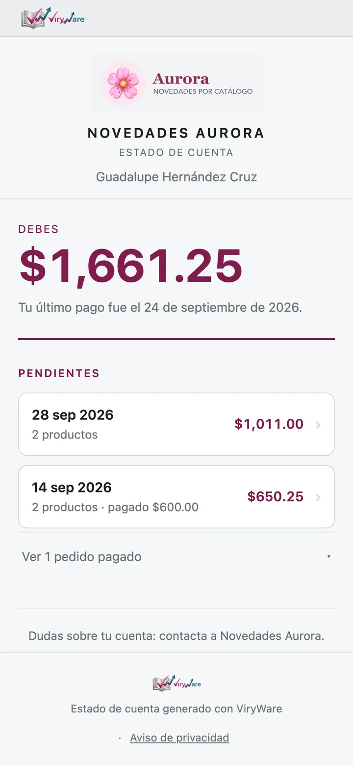 Lo que ve la clienta al abrir su enlace: debe $1,661.25, su último pago y sus pedidos